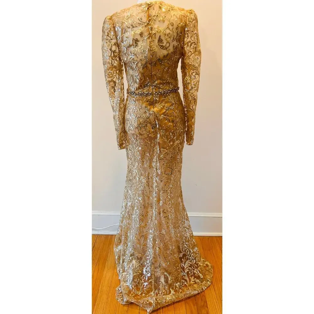 NWT Mac Duggal Gold Overlay Long Sleeve High Neck Floor Length Gown US‎ 4 - Picture 4 of 14